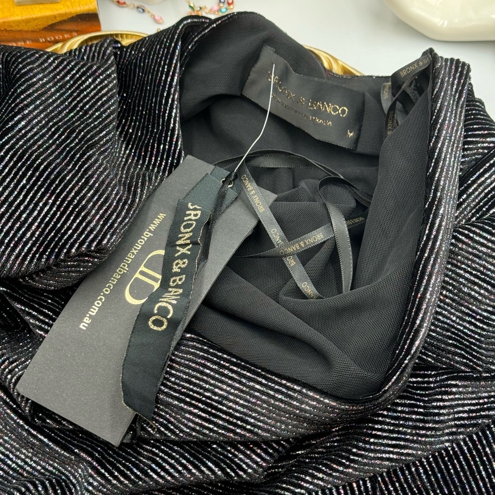 🆕 BRONX & BANCO 🧿NWT Belle One Shoulder Dress, Black Glitter Velvet, Sz M US 6 - Picture 13 of 17